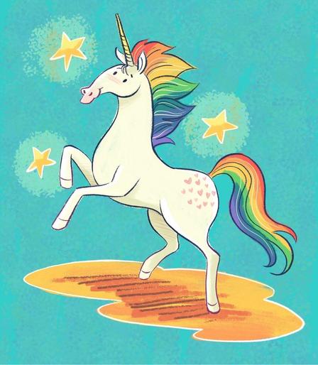 Cute drawing of unicorn with rainbow mane and tail