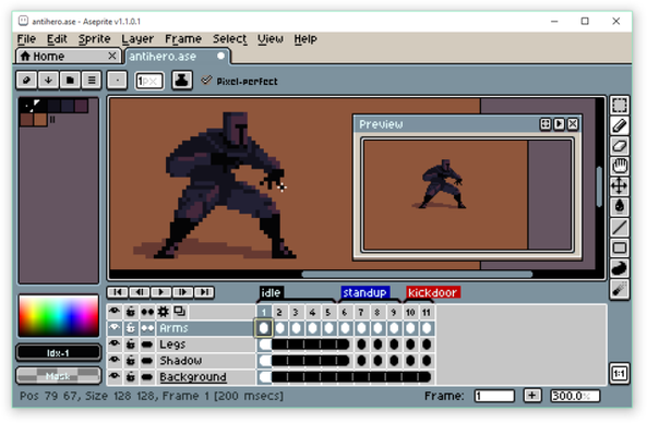 A view of the IU while editing an animated sprite, showing a sprite of a man in armor, and a preview window.

Aseprite is a free (redistribution forbidden) / paid, multi-platform image editor for 2D drawing and animation (animated sprites) in pixel art (pixel by pixel). It offers various tools for editing images and animations (layers, frames, tilemap, Lua scripts, ...) and allows export to different file formats (PNG, GIF, FLC, FLI, JPEG, PCX, TGA & bitmap). To store its data, it uses a specific binary format (.ase or .aseprite) supported by several programming languages & game engines.