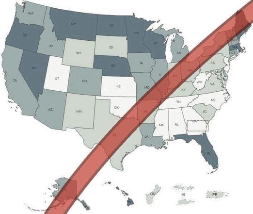 A map of the United States showing the path of the recent solar eclipse. Alaska, as is customary, is displayed at a reduced size overtop of Mexico, in the path of the eclipse.