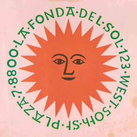 Simple illustration of a sun with a face. Encircling the sun are the words “La Fonda del Sol / 123 West 50th St Plaza 7 8800”