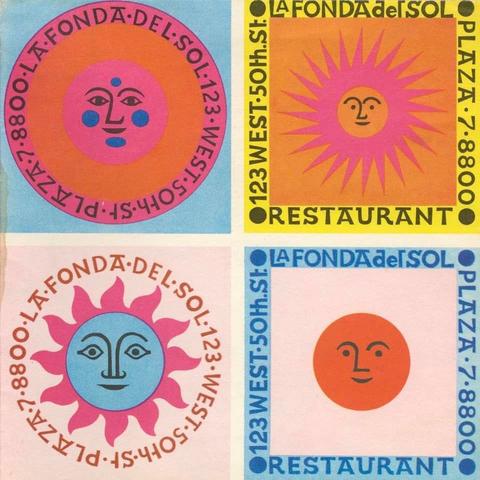 Four illustrations of suns with faces in a similar style tp the first image but with different color schemes and burst schemes. The same words surround each sun.