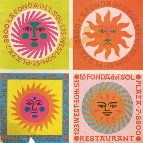 Four more illustrations of suns with faces in a similar style tp the first image but with different color schemes and burst schemes. The same words surround each sun.