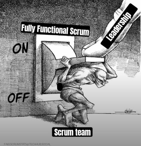 Illustration of a man (labeled scrum team) struggling to lift a light switch (labeled fully functional scrum) the size of his body to the on position while a finger (labeled leadership) pushes down on the switch to keep it off
