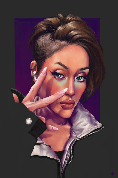 A digital portrait of Adore Delano. She has cold blue and green makeup around her eyes, and the shadows around her face are purple. She is holding up two fingers in front of her face.