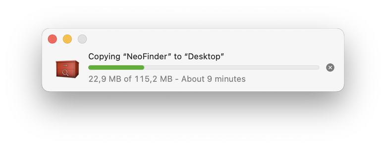 Apple Finder progress window, copying over a small package of 115 MB via file sharing over WiFi to a super fast MacBook Pro, running macOS 14.
It requires almost 10 Minutes for that small amount of data...