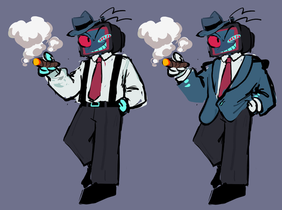 A drawing of VOX from Hazbin Hotel. His head is a CRT instead of a flatscreen TV, and he is wearing slacks with overalls, a white dress shirt, and a tie. To the right is the same drawing but he is also wearing a blue suit jacket.