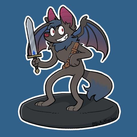 A stylized cartoony anthro bat stands on a round platform as a tabletop miniature. He is holding a plain short sword and has a bandolier. He grins mischievously while hunched with his extra wings lightly unfurled behind him.
