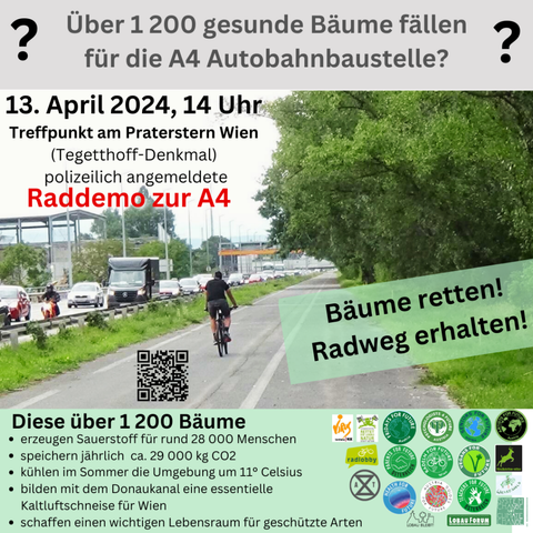 13. April 2024, 14 Uhr
Treffpunkt am Praterstern Wien (Teggetthoff-Denkmal)
polizeilich angemeldete Raddemo zur A4