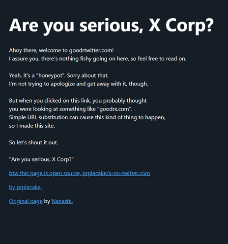 screenshot of awareness phishing site related to X switching all visual links of twitter.com to x.com