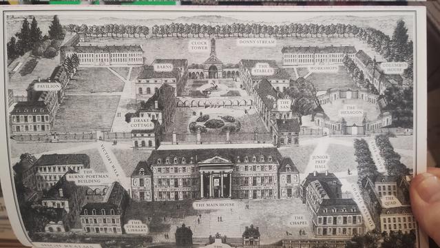 black and white etching style illustration of large country house and surrounding estate with clock tower, streams and other buildings