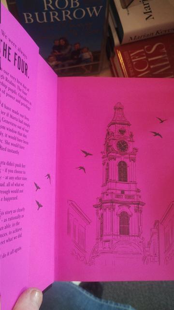 Bright, purple endpapers in Ellie Keel's new novel, The Four, main image is a line drawing of an imposing clock tower, birds circling around it