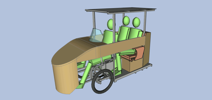 Rendu 3D d'un véhicule à 3 roues, vu de biais côté/devant. L'avant est arrondi, et se prolonge d'une sorte de capot au dessus des jambes du conducteur qui est assis sur un siège. On devine qu'il a les pieds sur des pédales mais elles sont cachées par l'avant du véhicule. Un mini pare-brise est devant lui jusqu'à hauteur du cou. Il y a un toit monté sur 4 supports verticaux, et une banquette derrière le conducteur sur laquelle on voit deux passagers de taille adulte égalemeng. La roue arrière est au centre sous la banquette, mais n'est pas visible sur l'image.
