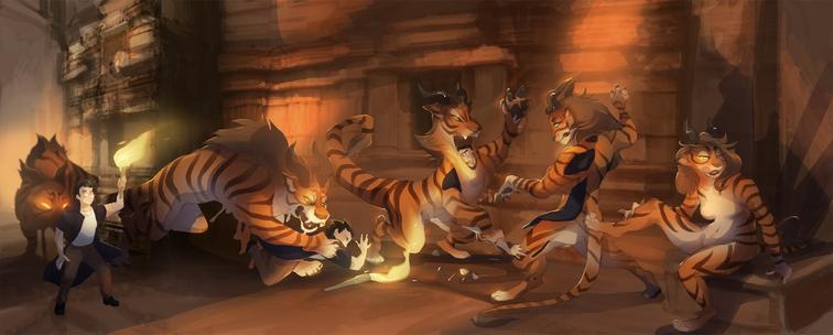 A human male is stalked by a large tiger monster, being pounced on and merged with her into a single form of a female anthro demon.