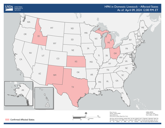 HPAI H5N1 in cows, USA, as of April 10 '24.