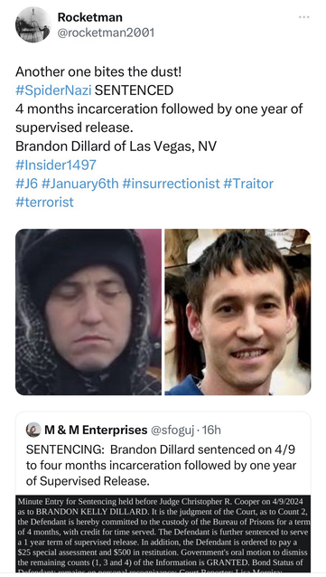 Screenshot of post from #rocketman2001 regarding sentenced January 6th rioter Brandon Dillard  (Las Vegas, Nevada).