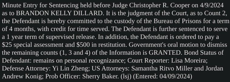 Screenshot of docket entry regarding sentenced January 6th rioter Brandon Dillard  (Las Vegas, Nevada).