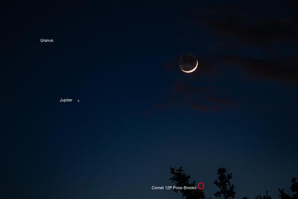 Photo of a night sky with a crescent Moon and a few stars. Uranus, Jupiter, and Comet 12P Pons-Brooks are labelled.