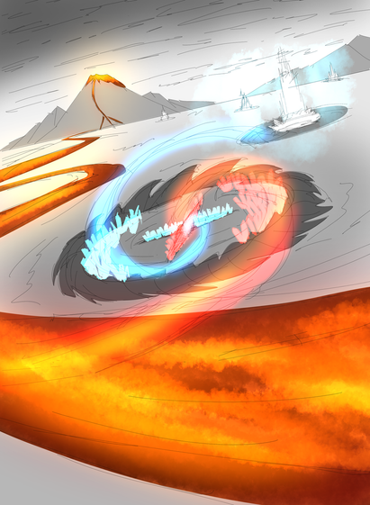 The red and blue spirits of the geysir land are drawn to a landmark  resembling an eye.