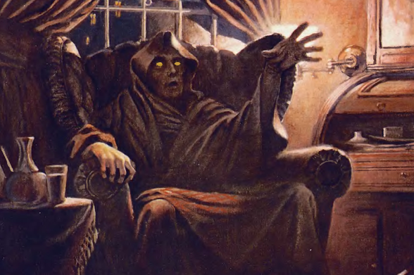 1976 A Gothic Interior

"The image depicts a dark and mysterious room.
An old man, dressed in tattered robes and hood, sits on a large couch.
His face is obscured by shadows, and his hands are outstretched as if reaching for something unseen.
The room is dimly lit, with only one light source illuminating the scene from above.
There's a desk against the wall to the left, cluttered with various objects that suggest recent use.
The curtains of a window behind the man are drawn back, allowing more light into the room.
The overall atmosphere of the image is eerie and foreboding."
Tags: Gothic, interior, old man, tattered robes, hood, shadowy face, reaching, dimly lit, single light source, desk, cluttered, window

https://nocontext.loener.nl/fullpage/05-May1976-Page-117.png

#photography #illustration #madman #nocontext #sfw #Gothic #interior #oldman #tatteredrobes #hood #shadowyface #reaching #dimlylit #singlelightsource #desk #cluttered #window