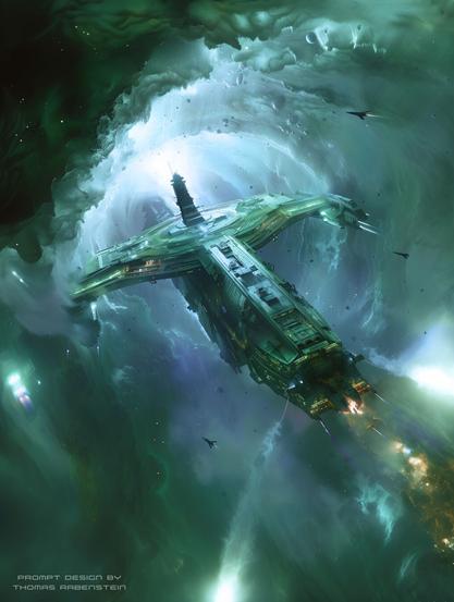 Austritt eines Raumschiffes aus einem Wurmloch.
Bild kreiert mit MidJourney.