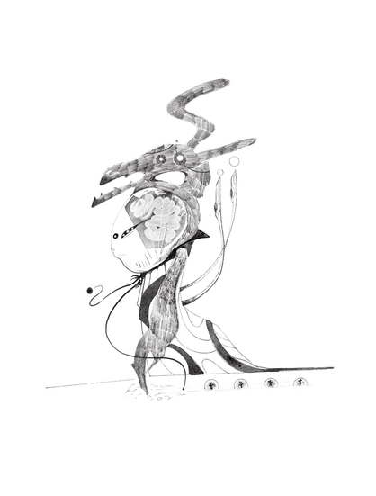 A entity with grey like features, large head with intricate bio clothing, planting seeds with its clawed symbiotic crustaceans arm, head is wolf but like alien, rendering mix of sketch, watercolours and digital.