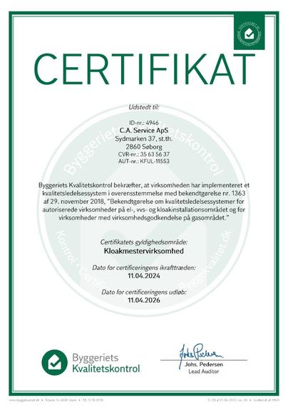 Certifikat for godkendt kvalitetsledelsessystem 2024