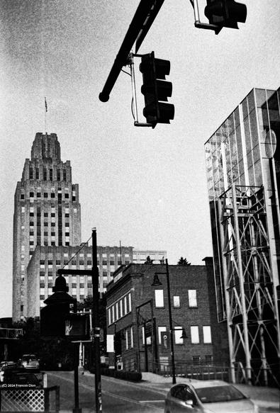 A view of the Reynolds art deco building in downtown Winston Salem, NC.