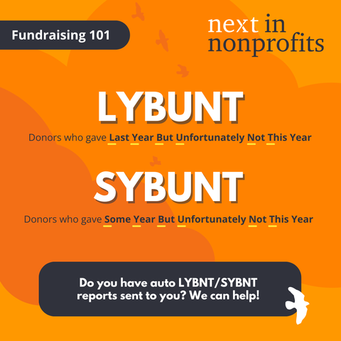 Orange background with clouds and birds. Text overlay: "Fundraising 101" in Navy blue; "LYBUNT (Donors who gave Last Year But Unfortunately Not This Year)" ; "SYBUNT" (Donors who gave Some Year But Unfortunately Not This Year); Do you have auto LYBNT/SYBNT reports sent to you? We can help! [Next in Nonprofits Logo]; White bird [Logo]