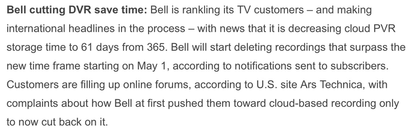 Screenshot of Bell cutting service to TV customers