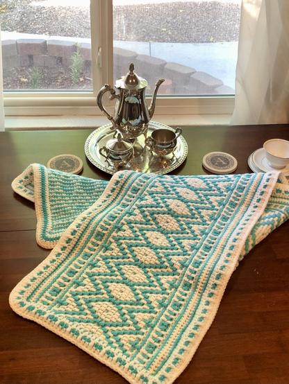 Diamonds Mosaic Overlay Crochet table runner! White and Tarqua color 100% washable acrylic!