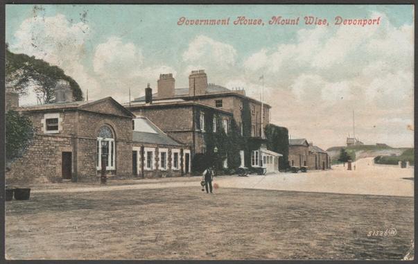 Printed colour postcard showing a view of Government House at Mount Wise, Devonport, Devon.
Published by Valentine & Sons Ltd, Dundee & London, Valentine's Series, No 51586.
Postally used on 18 September 1907 with double circle Plymouth postmark on green halfpenny stamp and sent to Miss Olive Hocken, 4 Treruffe, Redruth, Cornwall.
Good condition, with slight corner bumps, but very tiny crease to bottom right corner and a small amount of postal ink to top left corner.