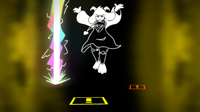 Asriel in his Hyperdeath form floating with his arms raised, summoning several SHOCKER BREAKERs that get increasingly closer to the camera.
His expression seems regretful, as his Heart Locket flows out from his clothes.