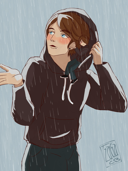 Arin sosteniendo a un mini-me de Luzu en su capucha/gorra de la sudadera bajo la lluvia.