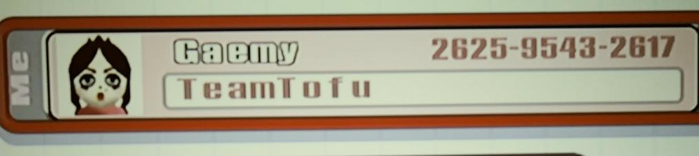Una imagen con mi perfil de Super smash bros brawl, es una tarjeta donde dice mi nombre "Gaemy" tiene al lado una Mii y al otro lado del nombre dice mi codigo, abajo del nombre dicd la leyenda "TeamTofu"
(El codigo lo puse en la publicación)