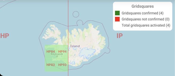 Grid square map of Iceland with fields HP83, HP84, HP93, and HP94 highlighted.