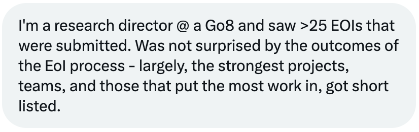 Twitter Direct Message to me from a “research director” indicating a good correlation between their own perception of quality in “>25 EOIs” (in their own field) and the outcomes of the EOI shortlisting process.