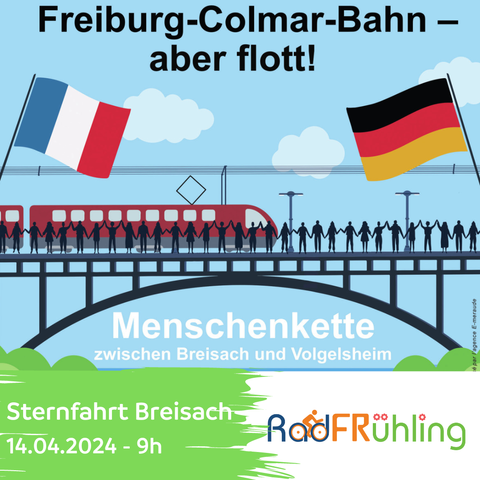 Menschenkette auf einer EIsenbahnbrücke - französische und deutsche Flaggen