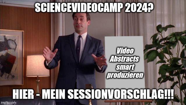 Meme: Don Draper pitcht stehend vorm Whiteboard eine Session beim Science VideoCamp2024