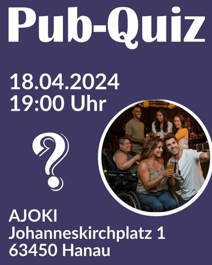 Gezeigt ist eine Sharegrafik, die folgende Informationen enthält: "Pub-Quiz, 18.04.2024, 19:00 Uhr, AJOKI, Johanneskirchplatz 1 in 63450 Hanau"