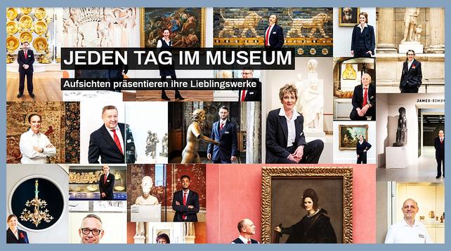 Titelbild der virtuellen Ausstellung mit Ausstellungstitel vor Mosaik mit verschiedenen Museumsaufsichten bei ihren Lieblingsobjekten