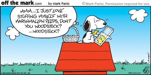 A cartoon drawing of Snoopy, looking shocked,  sitting on his doghouse eating yellow marshmallow Peeps.
Thought bubble reads "Mmm...I just love stuffing myself with marshmallow peeps, don't you, Woodstock? ...Woodstock?"