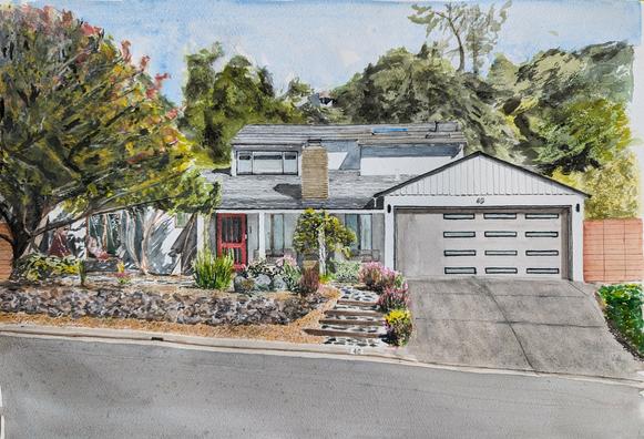 A watercolor and gouache painting of a white, two-story, ranch style home with a red door in tiburon, Marin County California. There's a steep driveway to the street below, stone steps, and a stone fence that includes a low water garden with a covering of orange rocks and gravel. In the shade of an oak tree to the left, a woman sits with her hands extended, ready to push a young girl on a swing. In the background, under blue skies, are green trees covering rolling hills.