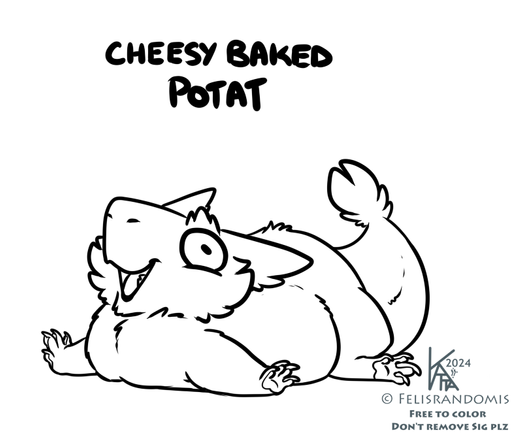 digital doodle of a very happy fat sergal laying on their stomach. Lineart made for people to color, just don't remove the signature.