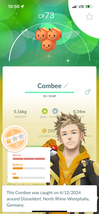 Screenshot of the appraisal of a male Combee with 73CP, attack 15/15, defense 5/15 and HP 3/15.