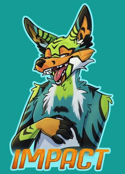 A con badge depicting a colorful and complex anthro canine character. Their fur pattern consists of a matrix of oranges blues and greens broken up with white patches and black stripes. They are glancing wryly to the viewer while holding up their hand paw to their chest as if flirting.