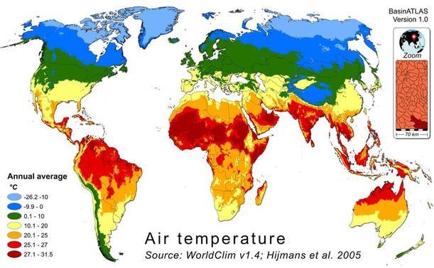 global map - air temperature - from BasinATLAS