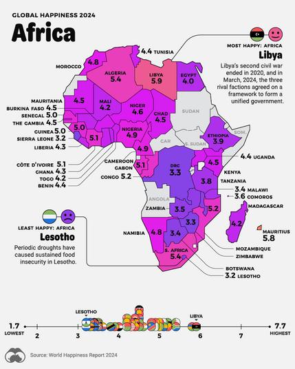 map - survey results - global happiness 2024 - Africa