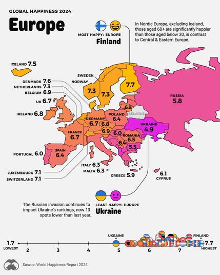 map - survey results - global happiness 2024 - Europe