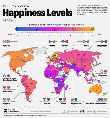 map - survey results - global happiness 2024 - entire globe