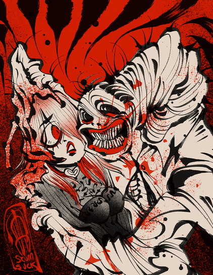 The Unknown holding Sable Ward  (both from Dead By Daylight) possessively.